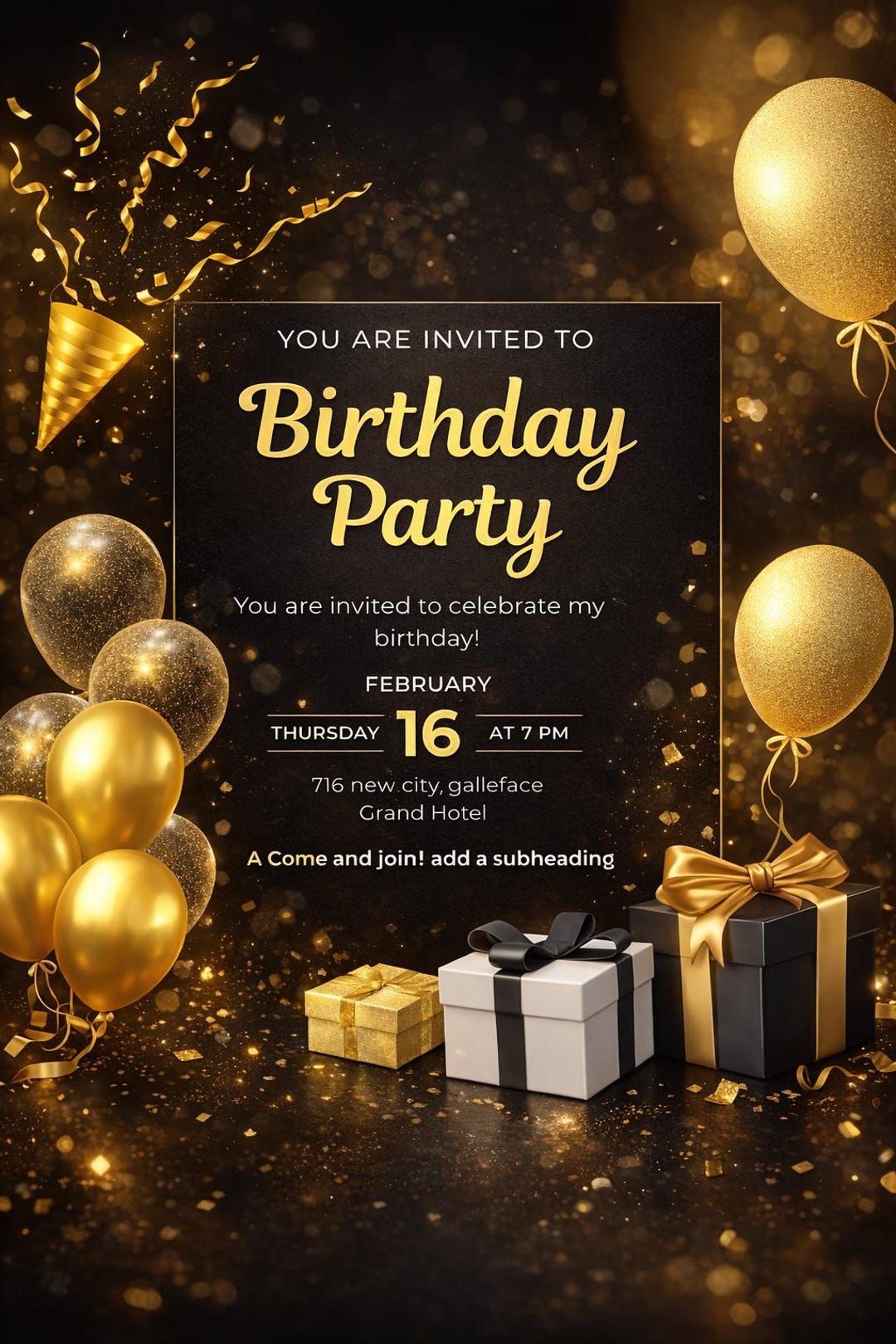 Black and Gold Birthday Invitation Template | Elegant Party Invite ...