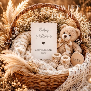 Può includere: Un cesto in vimini intrecciato contenente una coperta in maglia color crema, un orsacchiotto marrone chiaro con un nastro di raso, un paio di scarpine per neonati all'uncinetto beige, un disco di legno con l'etichetta BABY e una carta Baby Williams ARRIVING JUNE 202X.