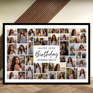 Pode incluir: Uma colagem de fotos emoldurada com uma borda preta. A colagem apresenta várias fotos de uma pessoa, com o texto "Happy 18th Birthday Amanda Smith" no centro. As fotos são dispostas em um padrão de grade.