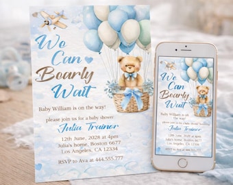 Invitación para baby shower con osito de peluche y globos azules. Plantilla editable de Canva (descarga digital).