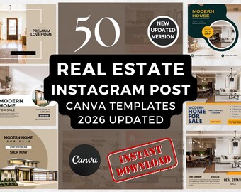 50 szablonów Canva na Instagram dla branży nieruchomości, pakiet postów w mediach społecznościowych dla agentów nieruchomości, szablony ofert nieruchomości, edytowalny zestaw Canva