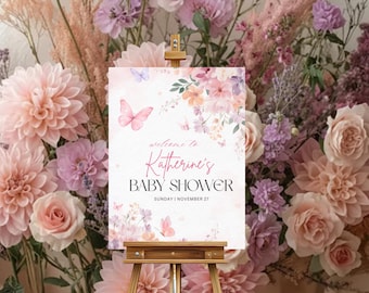 Letrero de bienvenida para baby shower con diseño de mariposas, plantilla de letrero de bienvenida para baby shower de niña con flores silvestres, letrero de bienvenida para baby shower de niña.