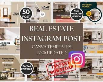 50 plantillas de Canva para Instagram de bienes raíces, paquete de redes sociales para agentes inmobiliarios (descarga digital)