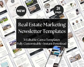 Plantillas de boletines informativos inmobiliarios en Canva / 31 kits de marketing editables para agentes inmobiliarios / Boletín informativo de Mailchimp / Paquete de listados de casas abiertas