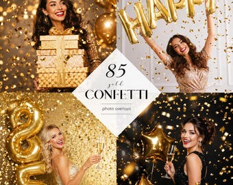 Paquete de 85 superposiciones PNG de confeti dorado, paquete de superposiciones de confeti para Photoshop, efectos de confeti con purpurina dorada, edición de fotos para fiestas, uso comercial.