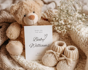 Plantilla editable y neutra para anunciar el nacimiento de un bebé y revelar el embarazo. Descarga digital para redes sociales.