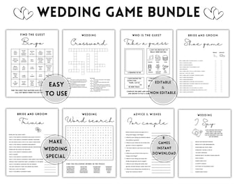 Paquete de juegos para bodas imprimibles, crucigrama, sopa de letras, juegos de preguntas y respuestas, juegos de mesa para bodas, juegos de recepción editables en Canva, descarga instantánea.