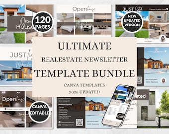 Paquete de marketing inmobiliario: plantillas de Canva, kit para agentes inmobiliarios, folleto de jornada de puertas abiertas, guía para compradores y vendedores, paquete para redes sociales, paquete de análisis comparativo de mercado (CMA).