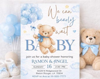 Invitación para baby shower con osito de peluche y globos azules. Plantilla editable de Canva (descarga digital).