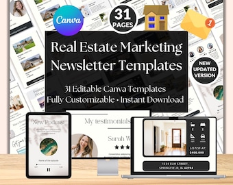 Paquete de Canva para boletines informativos inmobiliarios / 31 plantillas para agentes inmobiliarios / Kit de correo electrónico para Mailchimp / Paquete de actualizaciones de mercado y jornadas de puertas abiertas