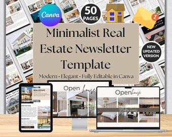Plantilla minimalista para boletín informativo inmobiliario en Canva / Kit de marketing para agentes inmobiliarios de 50 páginas