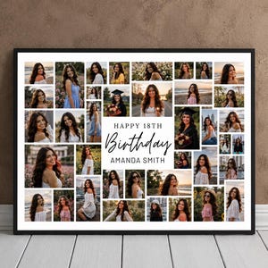 May include: A framed photo collage featuring multiple images of a person, arranged in a grid. The central text reads "Happy 18th Birthday Amanda Smith." The photos are in various settings, with a black frame.