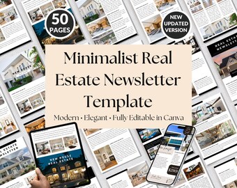 Plantilla minimalista para boletín informativo inmobiliario en Canva / Boletín editable de 50 páginas / Kit de marketing para agentes inmobiliarios / Folleto de propiedades / Descarga instantánea