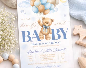 Plantilla de invitación de osito de peluche, temática de globos azules, baby shower, Canva, editable gratis, 5x7