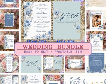 Plantilla editable de Canva para paquete de boda con flores azules, invitación en azul beige polvoriento, reserva de fecha, RSVP y letrero de bienvenida.