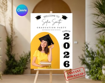 7 plantillas de Canva para carteles de bienvenida de graduación de 2026, póster fotográfico de bienvenida, cartel minimalista moderno de bienvenida de graduación.