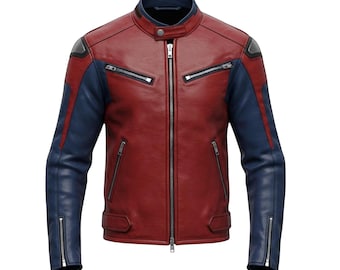 Chaqueta de motociclista de cuero rojo y azul inspirada en el Capitán, cosplay de superhéroe, estilo motociclista vintage para hombre.