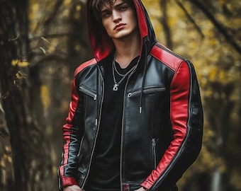 Chaqueta de motociclista con capucha de cuero genuino rojo y negro: abrigo de moto de corte entallado