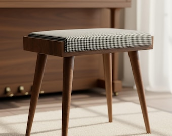 Mid Century Modern Piano Bench Upholstered Ottoman Stool Solid Walnut Wood Furniture Handmade