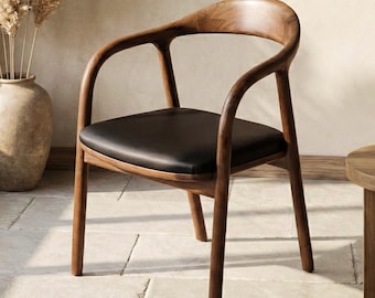 Walnut Dining Chairs Black Leather Cushion Mid Century Modern Office & Living Room Seating