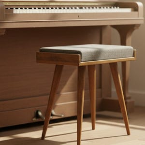 May include: A wooden upright piano with a matching bench. The piano is a light brown color with a keyboard and a bench with a gray cushion. The piano has a classic design and is in a well-lit room.