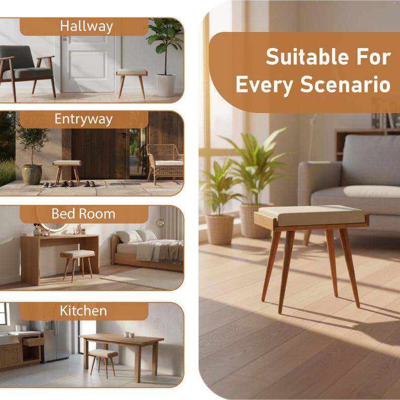 Puede incluir: Un peque&ntilde;o taburete de madera con un coj&iacute;n beige. El taburete tiene cuatro patas anguladas y un asiento rectangular. La imagen muestra el taburete en varios entornos, incluyendo un pasillo, una entrada, un dormitorio y una cocina. El texto dice: "Adecuado para cada escenario."