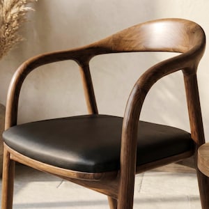 Walnut Dining Chairs Black Leather Cushion Mid Century Modern Office & Living Room Seating image 2