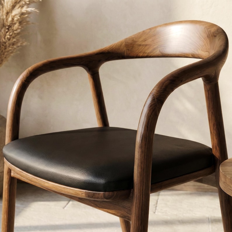 Walnut Dining Chairs Black Leather Cushion Mid Century Modern Office & Living Room Seating image 2
