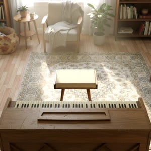 Puede incluir: Un piano de madera con un banco color crema delante. Las teclas del piano son visibles, y el banco tiene un asiento rectangular y acolchado. La escena est&aacute; ambientada en una habitaci&oacute;n con una alfombra, una silla y una estanter&iacute;a.