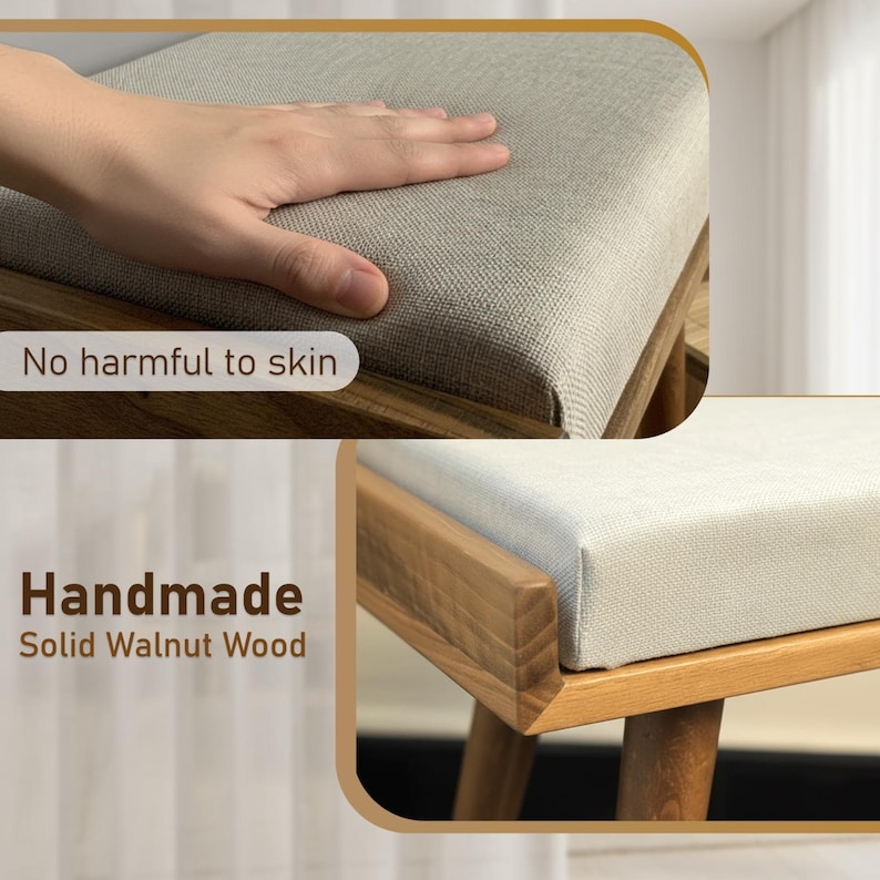 Puede incluir: Primer plano de un taburete hecho a mano con un asiento acolchado gris claro y un marco de madera maciza de nogal. El texto "No harmful to skin" es visible. El texto "Handmade Solid Walnut Wood" tambi&eacute;n es visible.