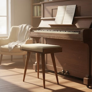 Puede incluir: Un piano vertical antiguo con partituras en el atril. Un taburete de piano de madera con un coj&iacute;n crema est&aacute; colocado delante. La habitaci&oacute;n tiene un ambiente c&aacute;lido con suelo de madera y un sill&oacute;n.