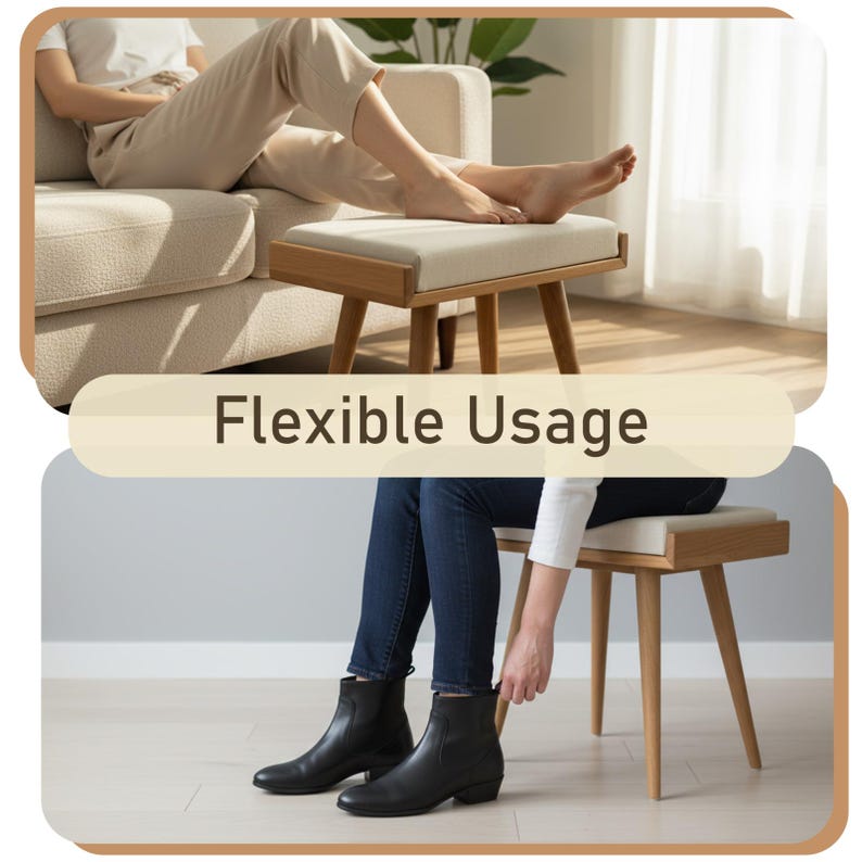 Puede incluir: Un peque&ntilde;o reposapi&eacute;s de madera con un coj&iacute;n beige. El taburete tiene cuatro patas anguladas y una parte superior rectangular. El texto "Flexible Usage" se muestra en una pancarta. El taburete se muestra en uso en dos entornos diferentes.