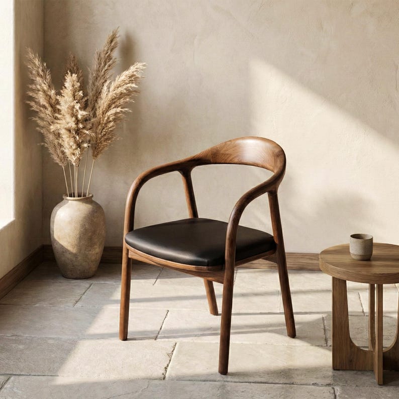 Walnut Dining Chairs Black Leather Cushion Mid Century Modern Office & Living Room Seating image 1