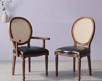 Cane Back Dining Chair Set of 2 Black Leather Cushion Solid Beechwood Office & Living Room Seating