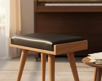 Piano Bench Leather Upholstered Ottoman Stool Solid Walnut Wood Mid Century Modern Furniture