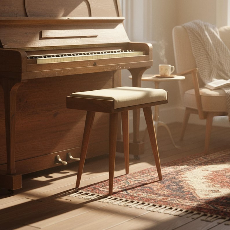 Puede incluir: Taburete de piano de madera con un coj&iacute;n rectangular de color crema. El taburete tiene cuatro patas anguladas y c&oacute;nicas. El piano es de madera oscura y tiene un teclado con teclas blancas y negras. La escena est&aacute; ambientada en una habitaci&oacute;n con una alfombra y una silla.