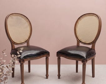 Rattan Dining Chair Set of 2 Black Leather Cushion Solid Beechwood Office & Living Room Seating