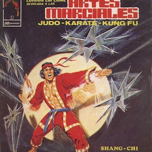 以下が含まれることがあります： 「Relatos Salvajes Artes Marciales」と題された、スペイン語のヴィンテージコミックの表紙。赤い衣装の武道家が描かれ、星型のイラストで囲まれています。「Judo-Karate-Kung Fu」の文字も含まれています。