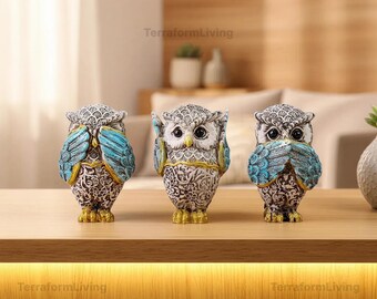 三羽の賢いフクロウの像セット｜見ざる聞かざる言わざるの象徴｜樹脂製工芸品