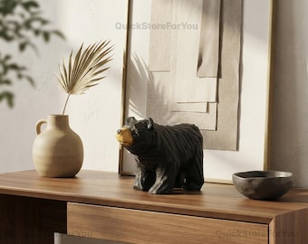 Wooden Black Bear Figurine, Hand Carved Bear Statue, Rustic Cabin Decor, Woodland Animal Sculpture, Bear Nursery Decor, Desk Ornament