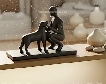 現代の男性と犬の彫刻｜ミニマリストアートの彫像