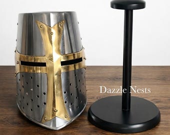 Hand Forged Templar Steel Helmet With Brass Cross , Crusader Knight Great Helm , Medieval Cosplay