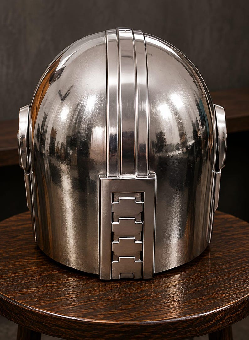 May include: A polished silver-colored helmet with a smooth, reflective dome surface. The helmet features a vertical, rectangular panel on the front center with four horizontal, recessed rectangular segments and circular side attachments.