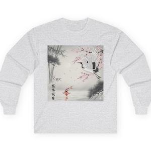 Sumi-e Style Crane & Koi Long Sleeve Tee - Japanese Art, Unisex Ultra Cotton Shirt, Gift for Nature Lovers, Zen Fashion