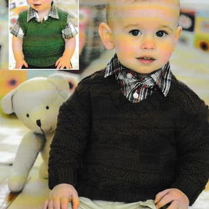 May include: A young child wearing a brown knitted sweater over a plaid collared shirt and light-colored pants. A small inset image shows the child in a green knitted vest. A white teddy bear is in the background.