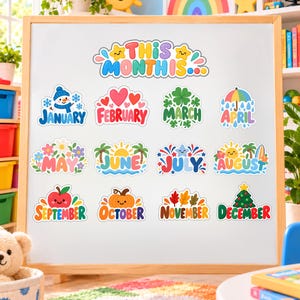 May include: A white magnetic whiteboard featuring colorful, illustrated month labels from January to December. Each month includes thematic icons like a snowman, hearts, shamrocks, an umbrella, flowers, palm trees, fireworks, a sun, an apple, a pumpkin, leaves, and a Christmas tree.