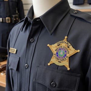 May include: A dark navy blue constable uniform shirt with a gold star badge that reads "Constable Brazos County Texas". The shirt has two chest pockets and a small rectangular name badge.