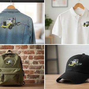 Può includere: Giacca di jeans azzurra, polo bianca, zaino verde oliva e berretto da baseball nero, ciascuno con un design ricamato di un camion con accenti gialli e bianchi. Gli articoli sono esposti su una gruccia di legno, un muro di mattoni e una superficie di legno.