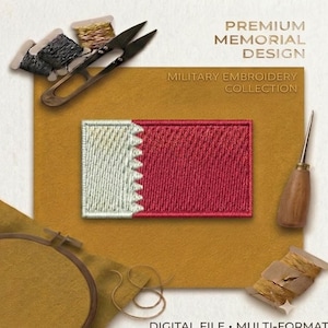 May include: A rectangular embroidered patch featuring the flag of Qatar with a white serrated band on the left and a maroon field on the right. The patch is displayed alongside embroidery scissors, a wooden awl, and spools of thread.