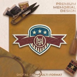 May include: An embroidered shield patch featuring a blue top section with three white stars, a red banner across the center with the letters NSF, and a striped bottom. Text reads PREMIUM MEMORIAL DESIGN, MILITARY EMBROIDERY COLLECTION, DIGITAL FILE MULTI-FORMAT.